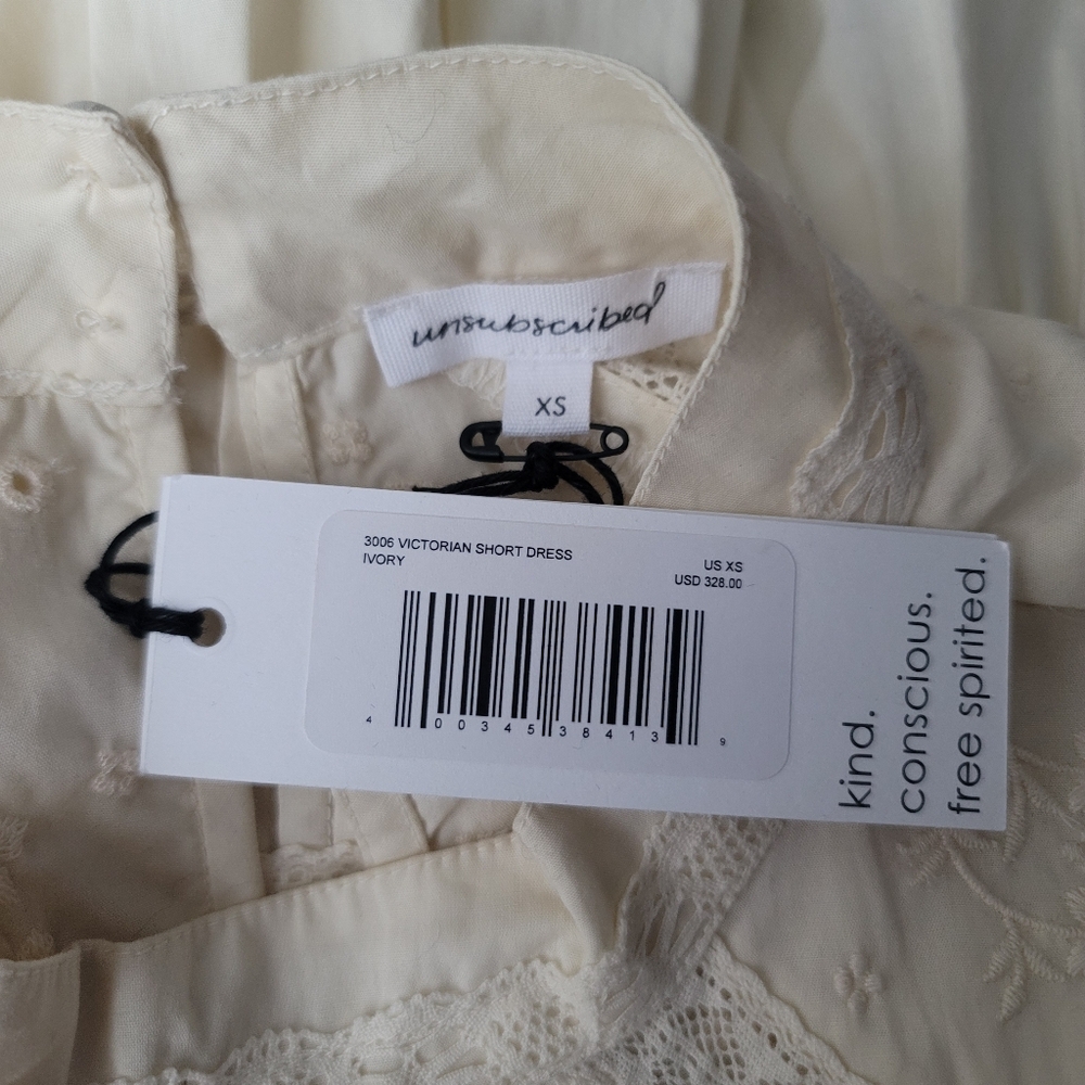 Unsubscribed 3008 Victorian Embroidered Boho Mini Dress Size XSmall In Ivory NWT - Picture 12 of 12